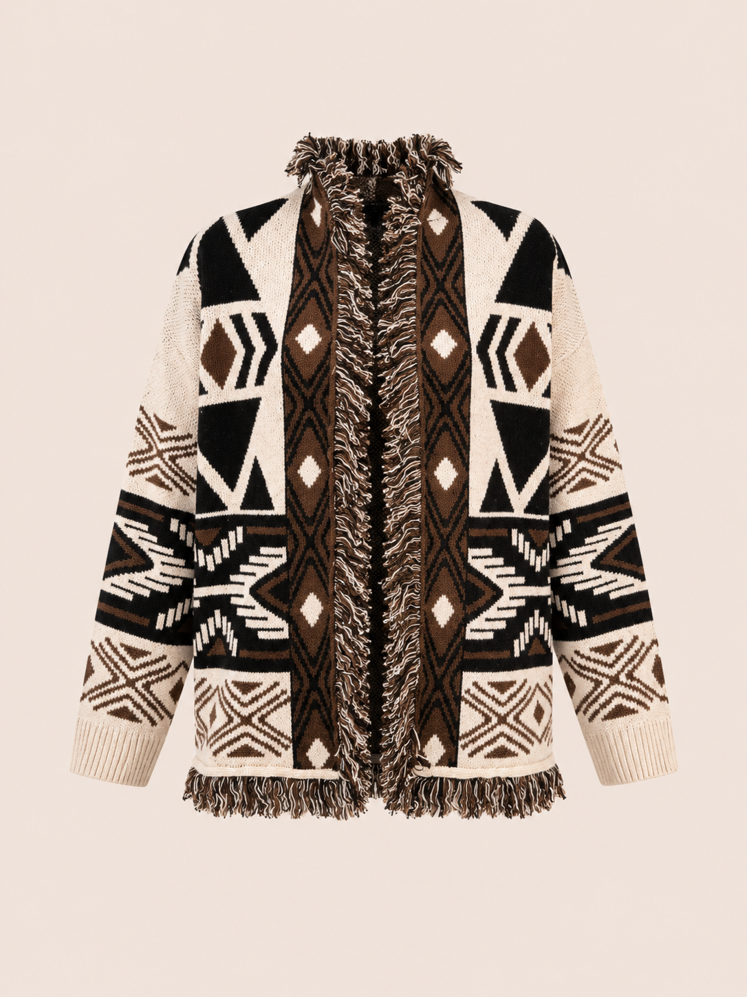 Cream & Brown Geometric Fringe Knit Cardigan