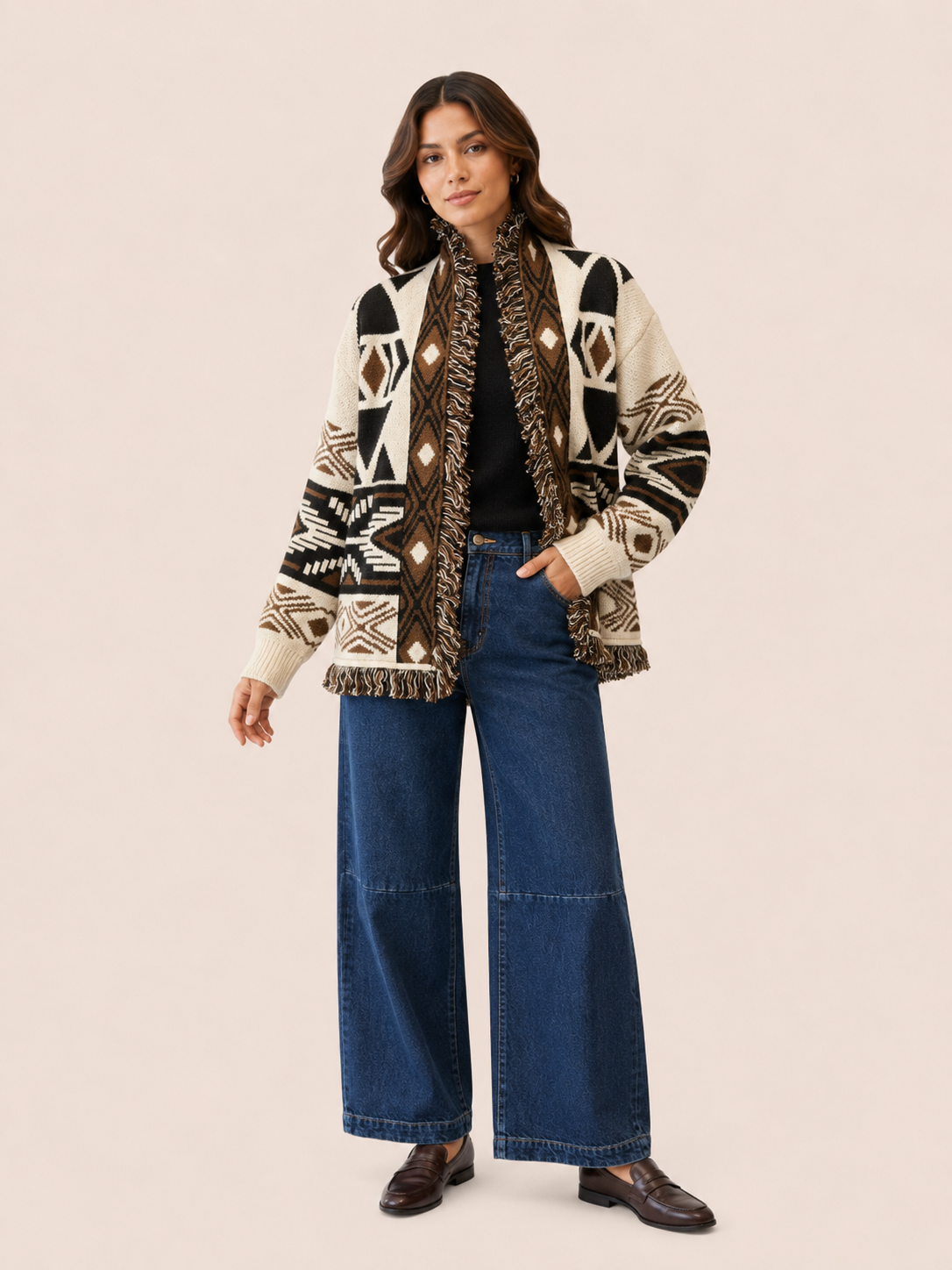 Cream & Brown Geometric Fringe Knit Cardigan