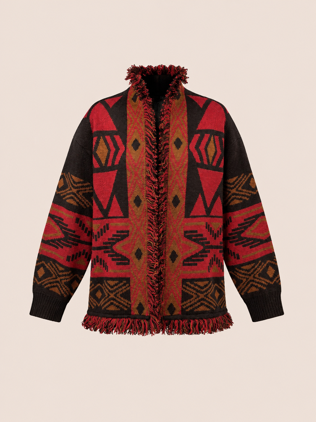 Red & Black Geometric Fringe Knit Cardigan