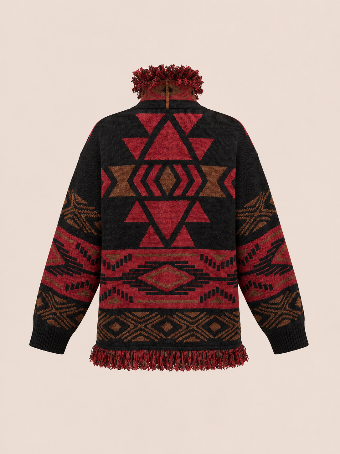 Red & Black Geometric Fringe Knit Cardigan