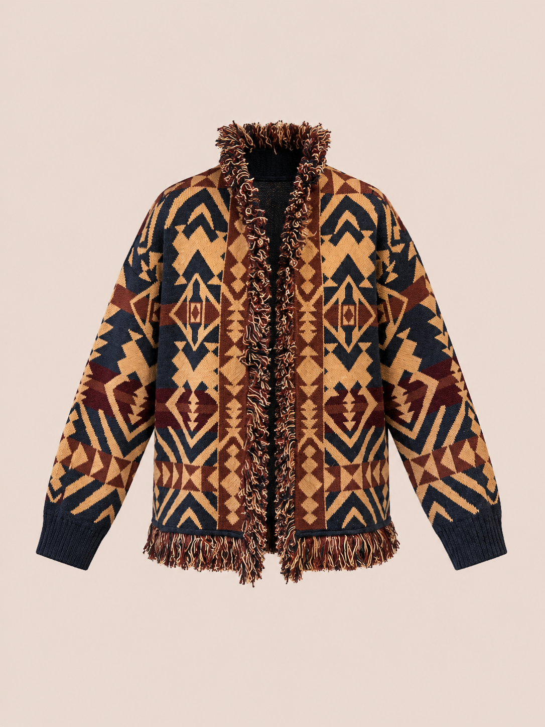 Geometric Fringe Knit Cardigan - Navy, Camel & Burgundy