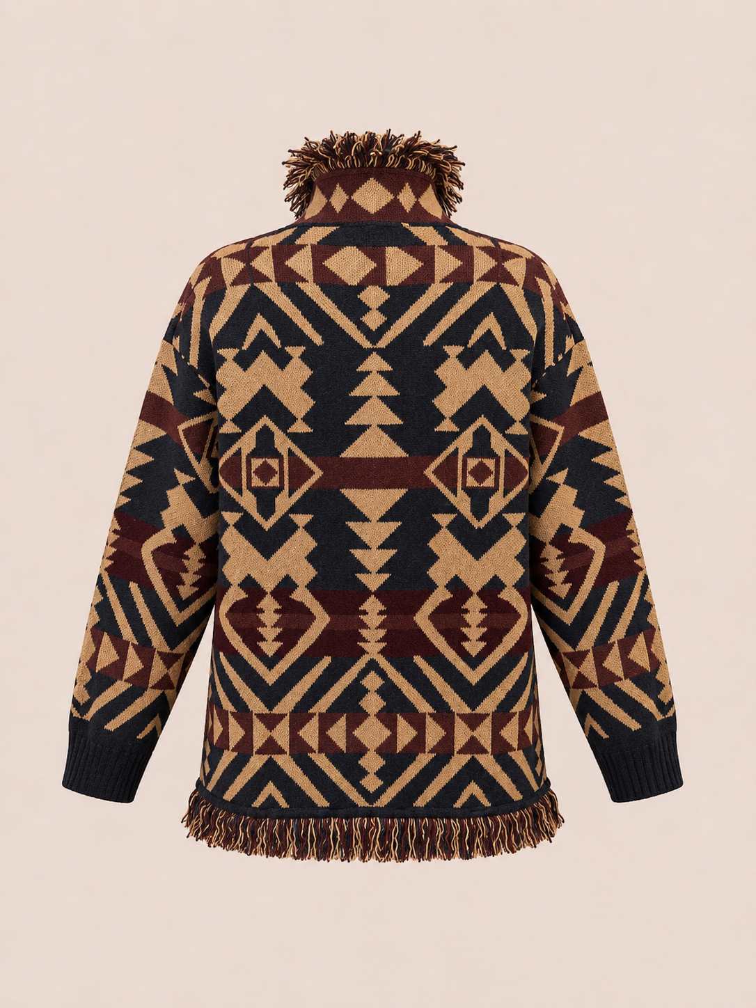 Geometric Fringe Knit Cardigan - Navy, Camel & Burgundy