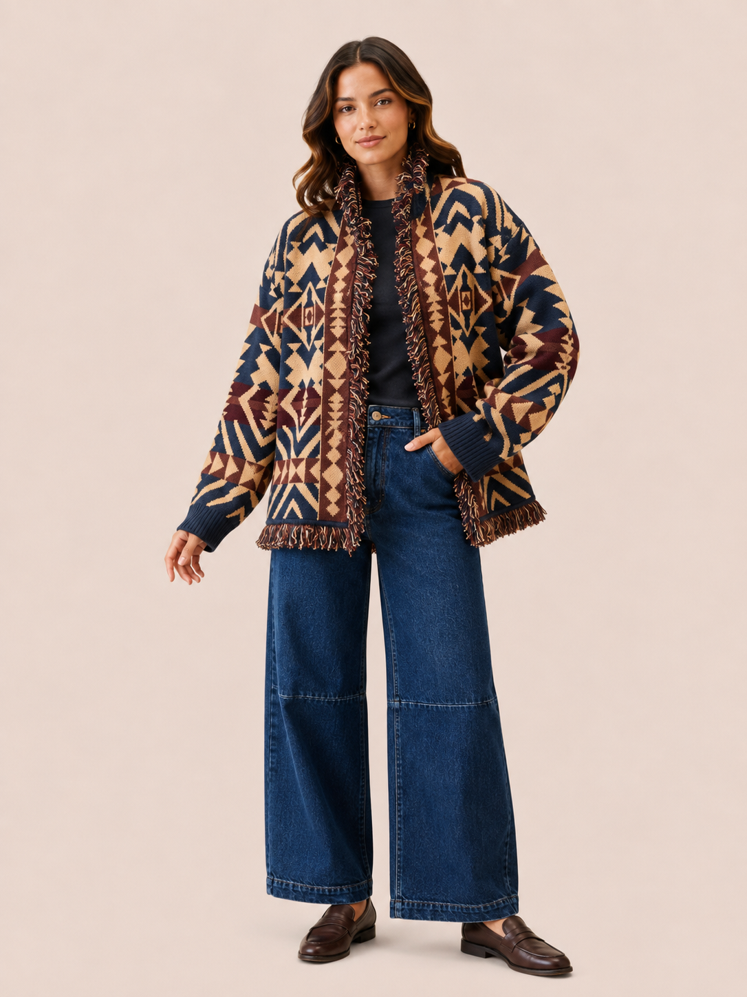 Geometric Fringe Knit Cardigan - Navy, Camel & Burgundy