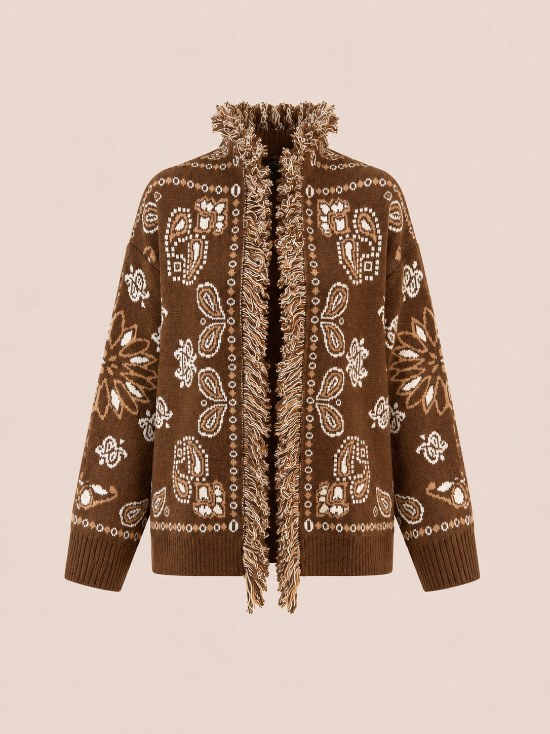 Brown Paisley Fringe Knit Cardigan - Women's Oversized Cardigan