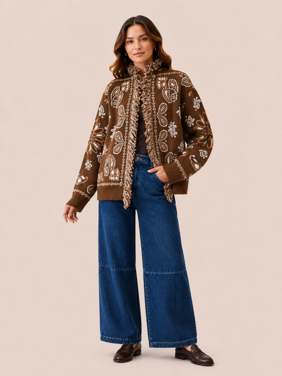 Brown Paisley Fringe Knit Cardigan - Women's Oversized Cardigan
