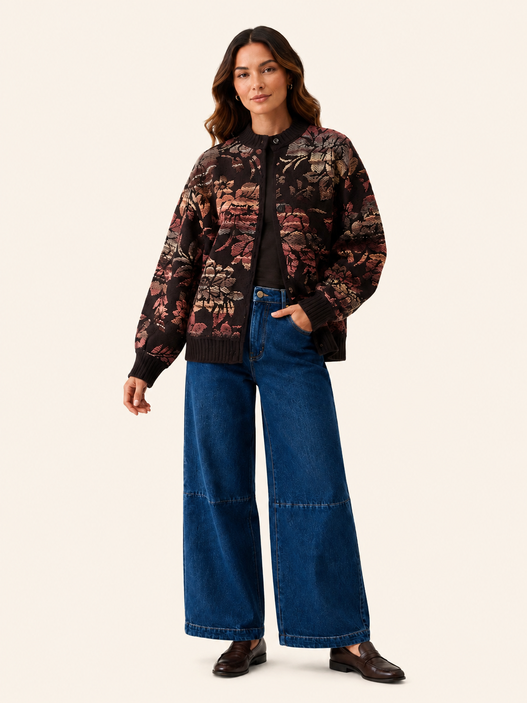 Relaxed Fit Brown Floral Jacquard Bomber Cardigan - Women's Knit Jacket