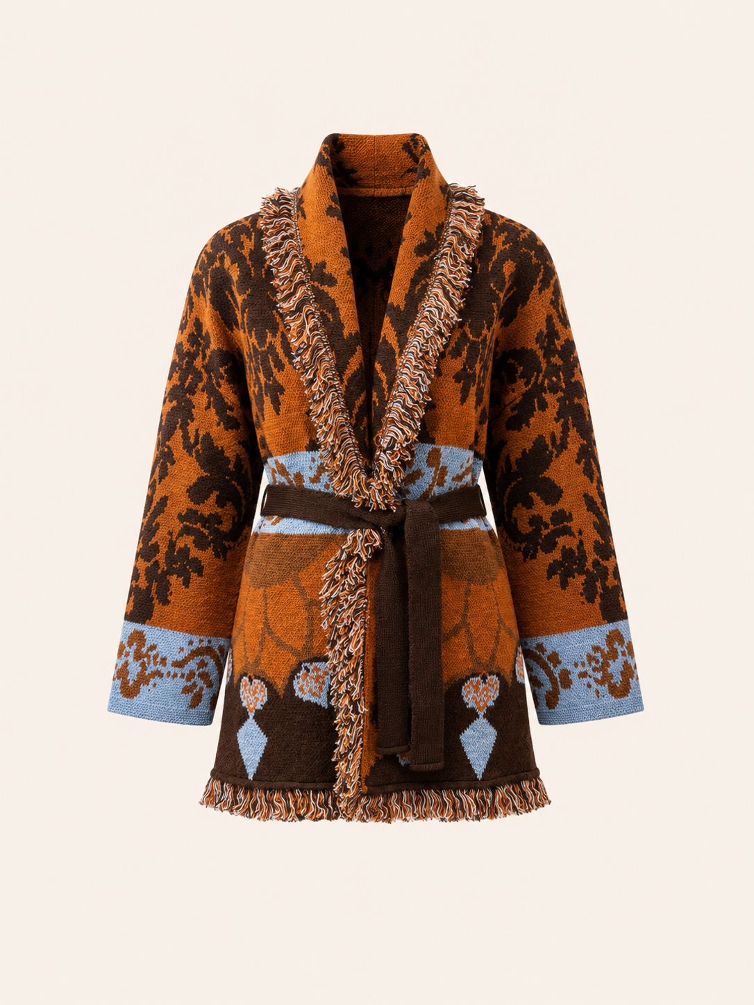 Women's Rust Brown Jacquard Knit Cardigan With Belt & Fringe