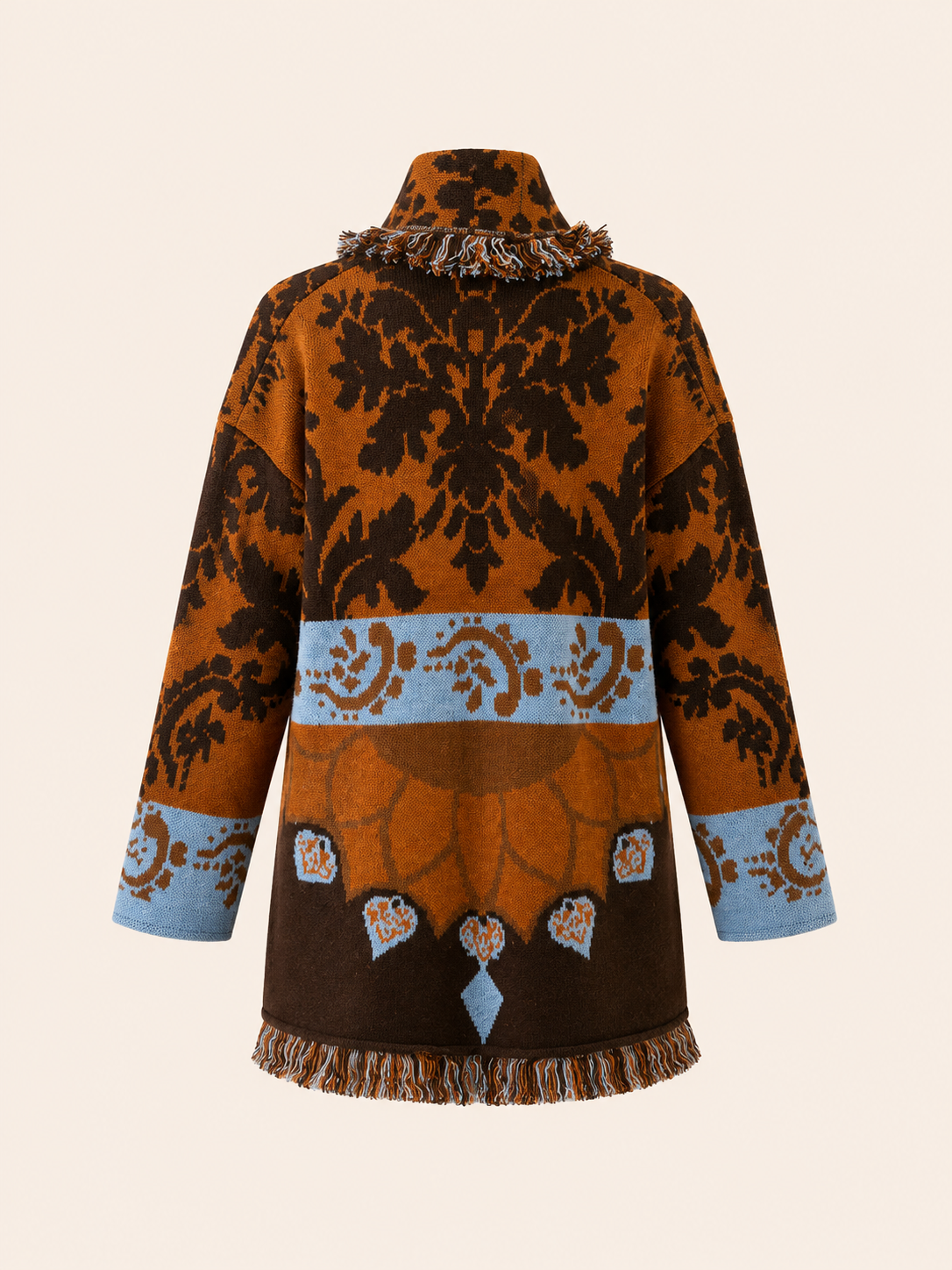 Women's Rust Brown Jacquard Knit Cardigan With Belt & Fringe