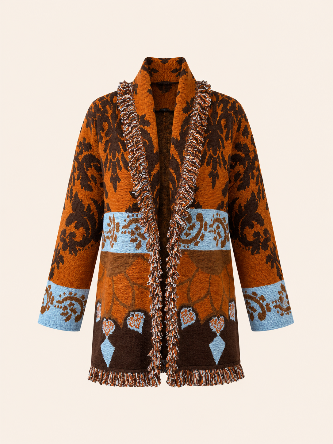 Women's Rust Brown Jacquard Knit Cardigan With Belt & Fringe