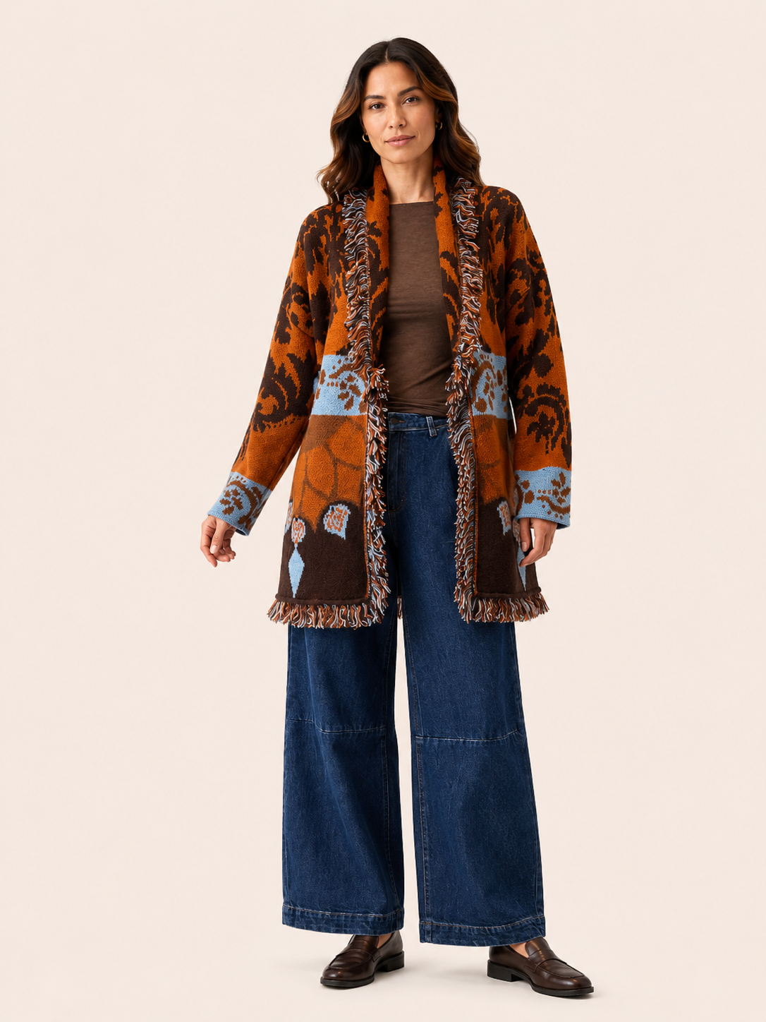 Women's Rust Brown Jacquard Knit Cardigan With Belt & Fringe