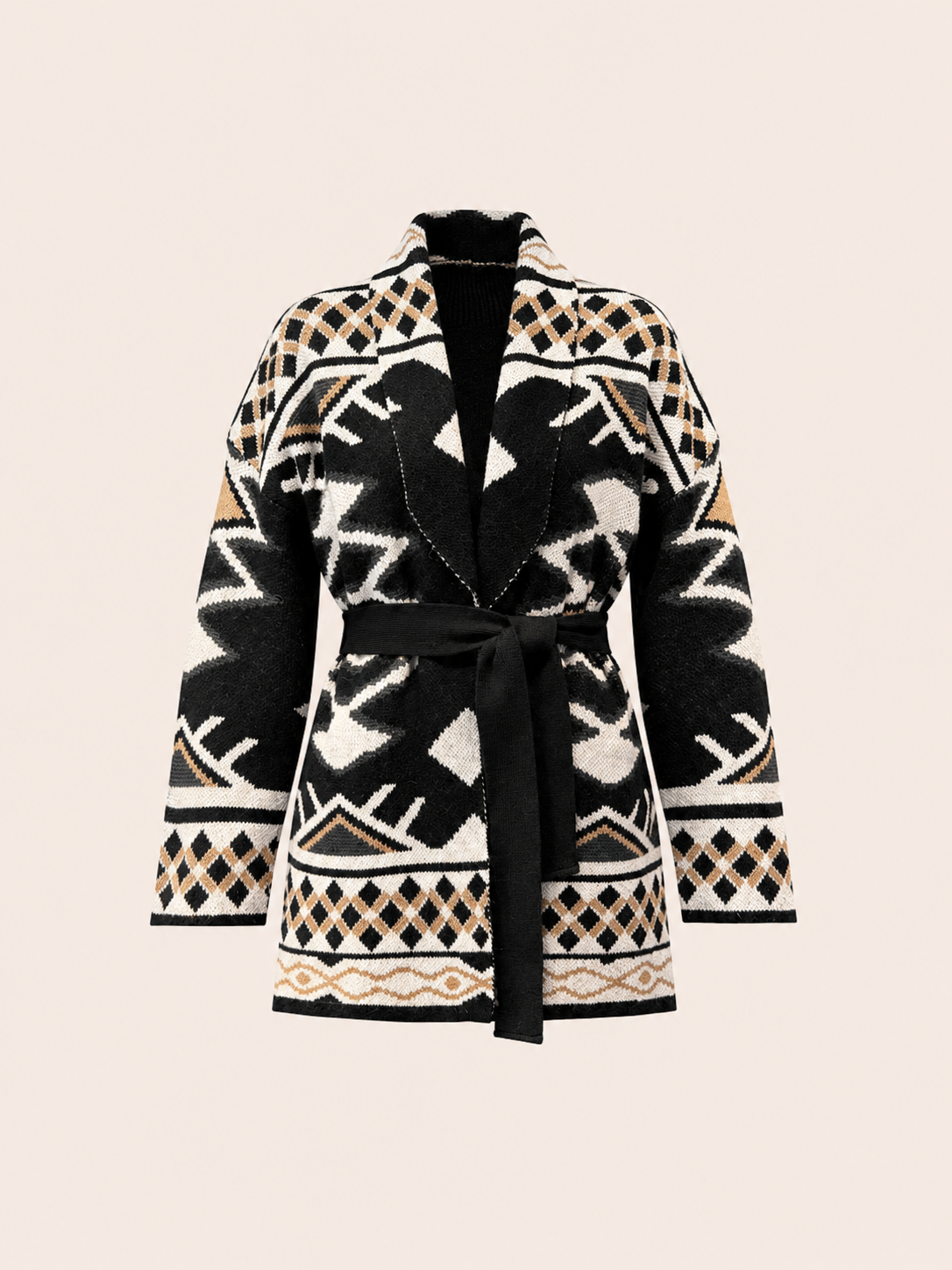 Women's Black & Cream Geometric Knit Cardigan With Belt