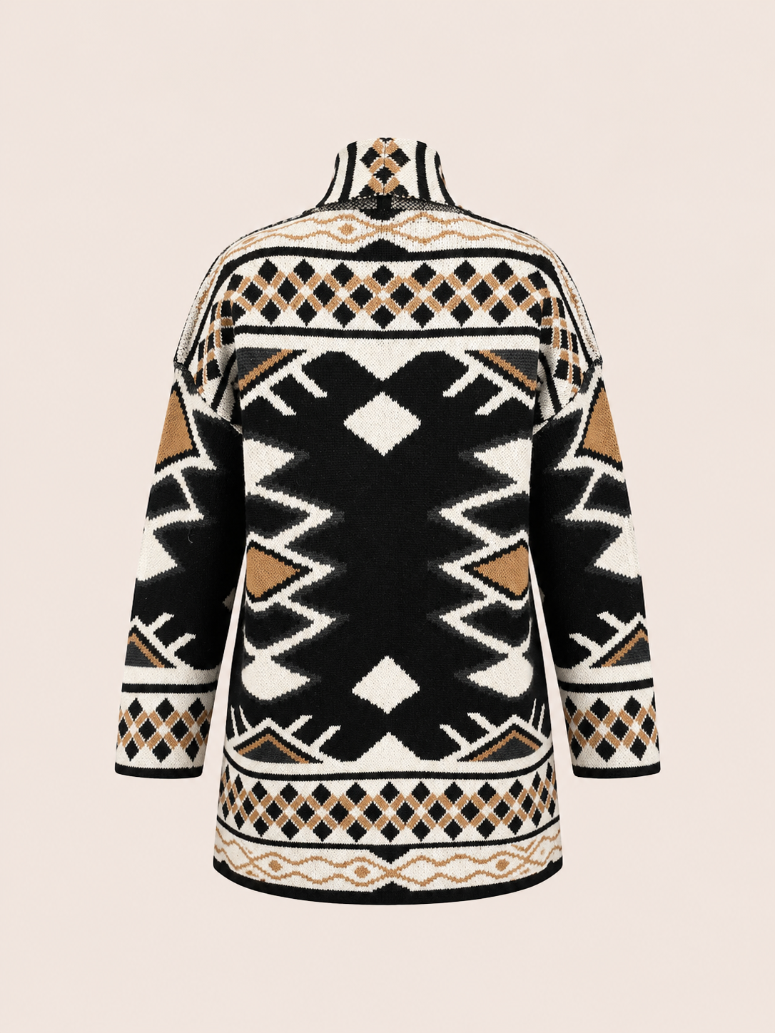 Women's Black & Cream Geometric Knit Cardigan With Belt