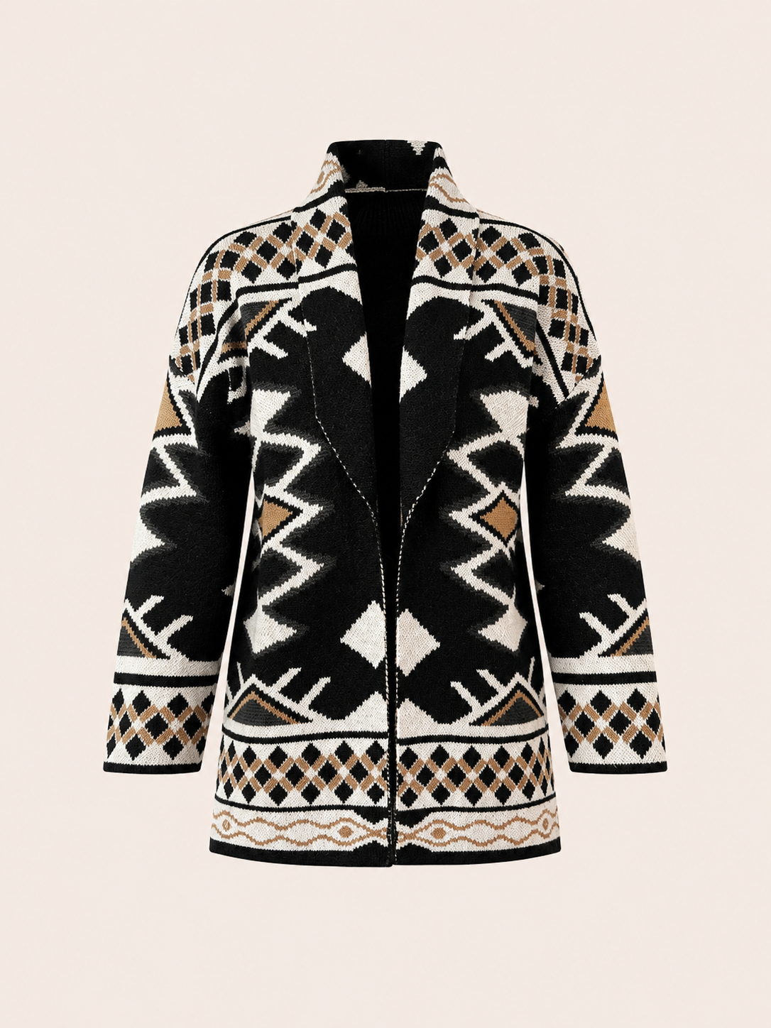 Women's Black & Cream Geometric Knit Cardigan With Belt