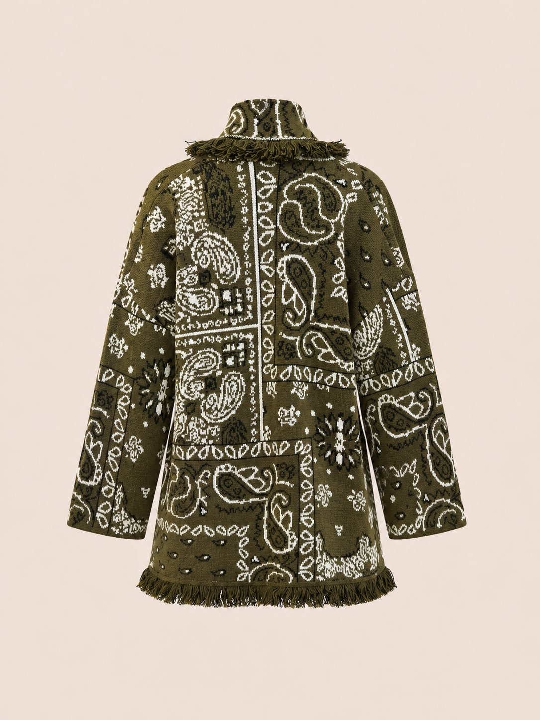 Relaxed Fit Olive Green Paisley Fringe Belted Knit Cardigan