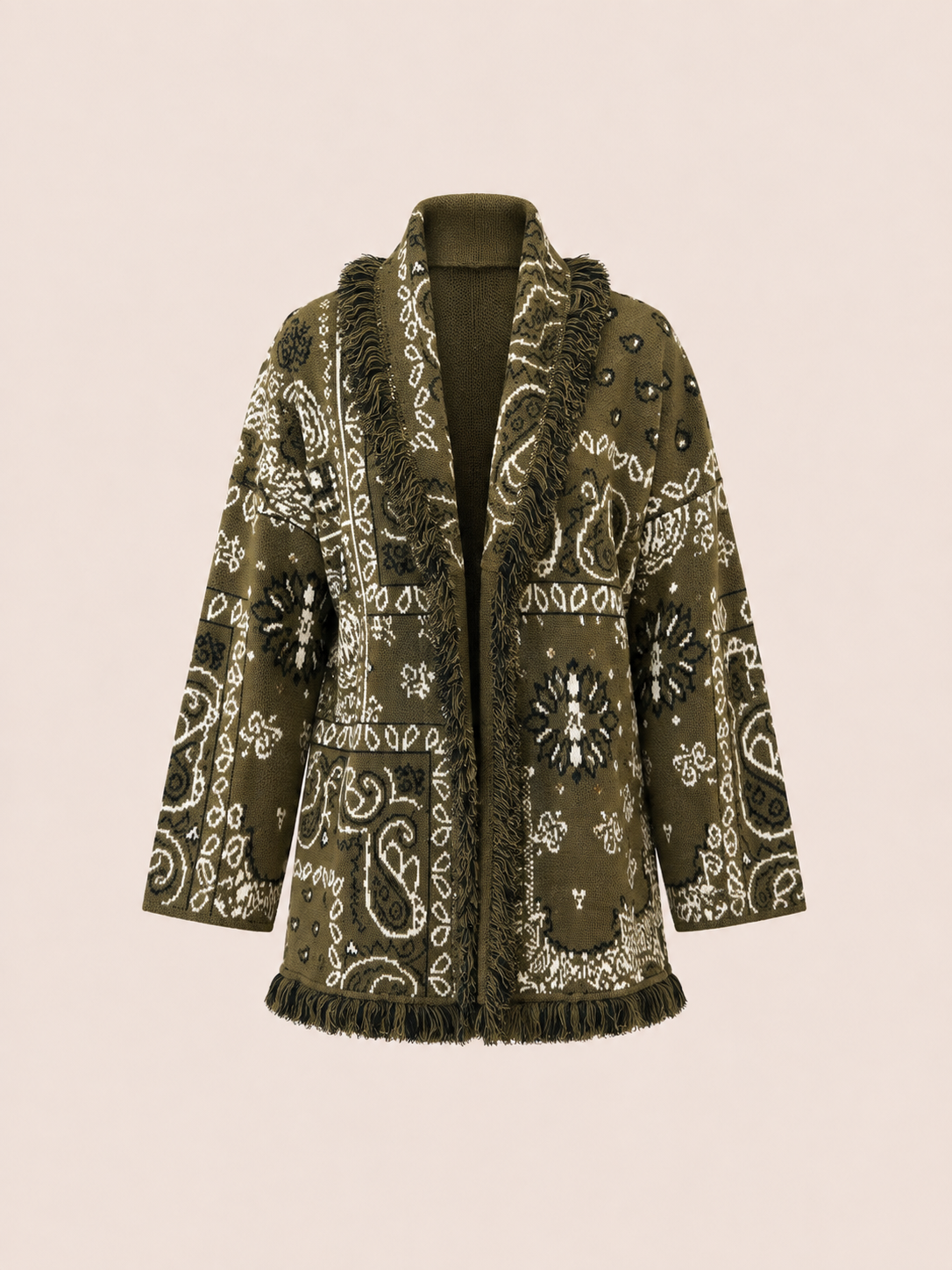 Relaxed Fit Olive Green Paisley Fringe Belted Knit Cardigan