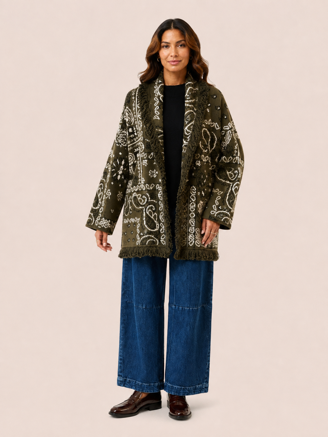 Relaxed Fit Olive Green Paisley Fringe Belted Knit Cardigan