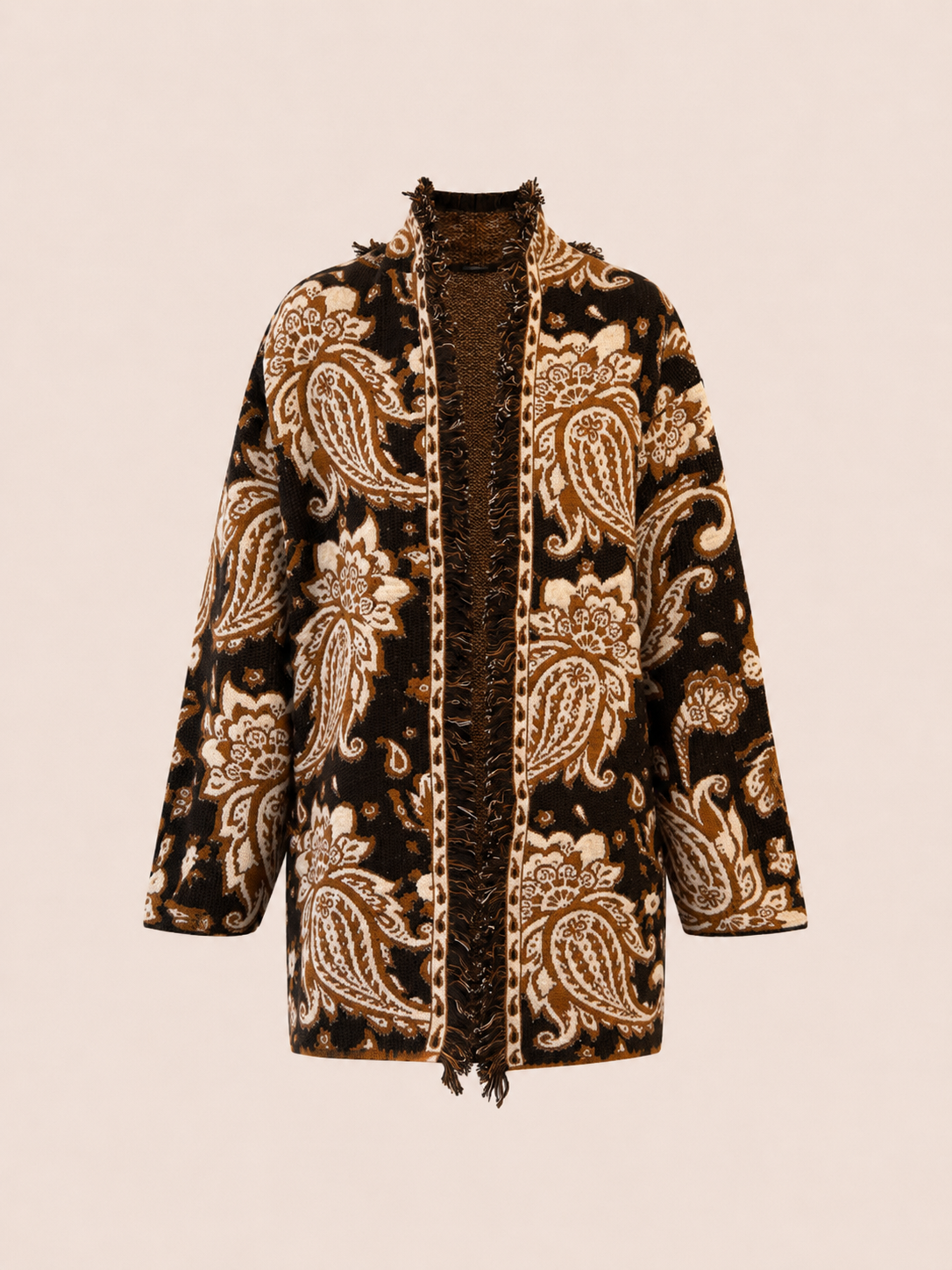 Relaxed Fit Brown Paisley Jacquard Knit Cardigan With Fringe Trim