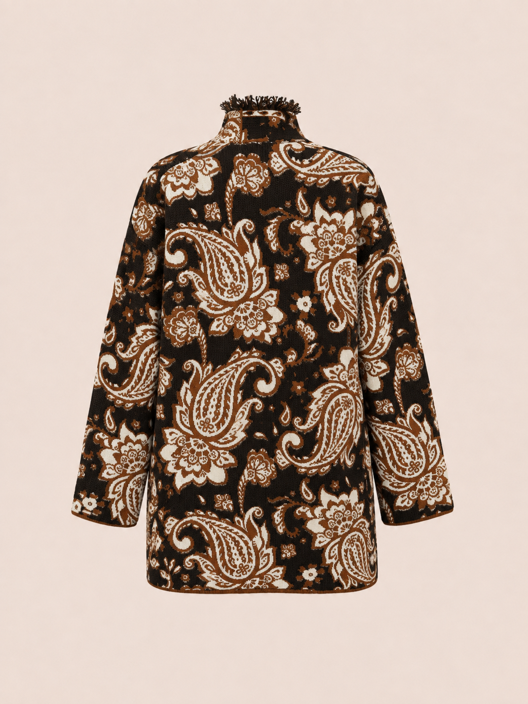 Relaxed Fit Brown Paisley Jacquard Knit Cardigan With Fringe Trim