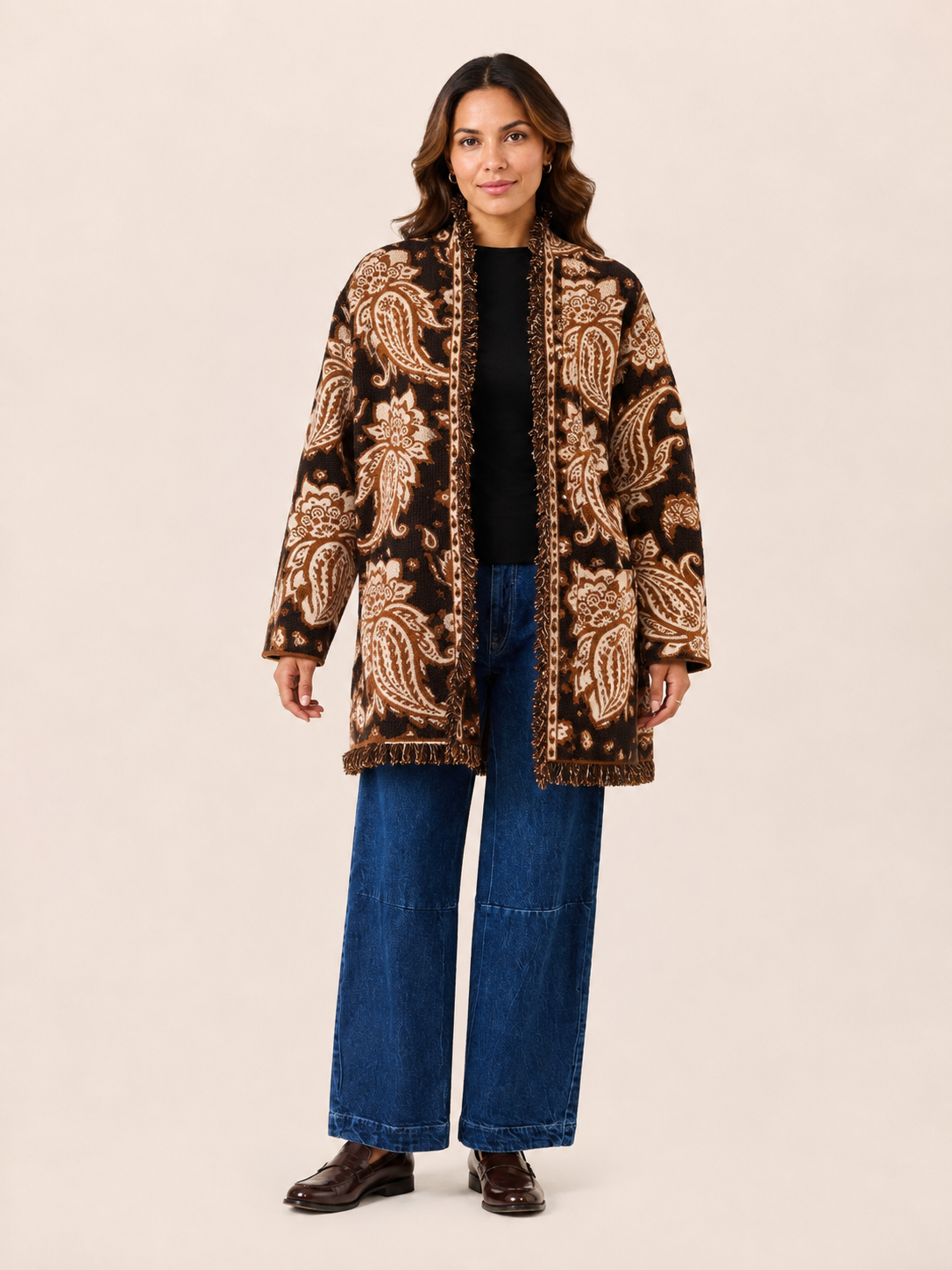 Relaxed Fit Brown Paisley Jacquard Knit Cardigan With Fringe Trim