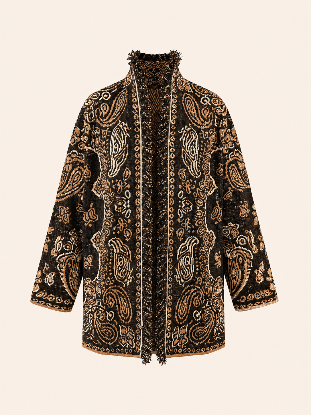 Relaxed Fit Brown & Camel Paisley Jacquard Cardigan With Fringe Trim