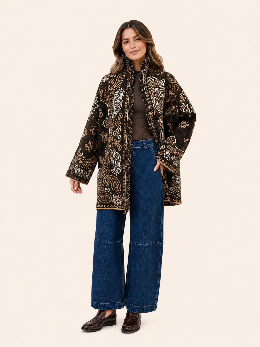 Relaxed Fit Brown & Camel Paisley Jacquard Cardigan With Fringe Trim