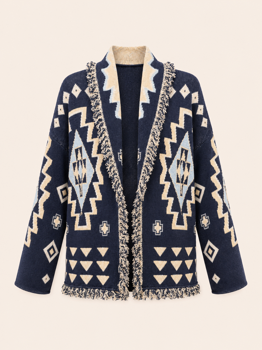 Navy Geometric Jacquard Fringe Cardigan - Women's Oversized Knit Jacket
