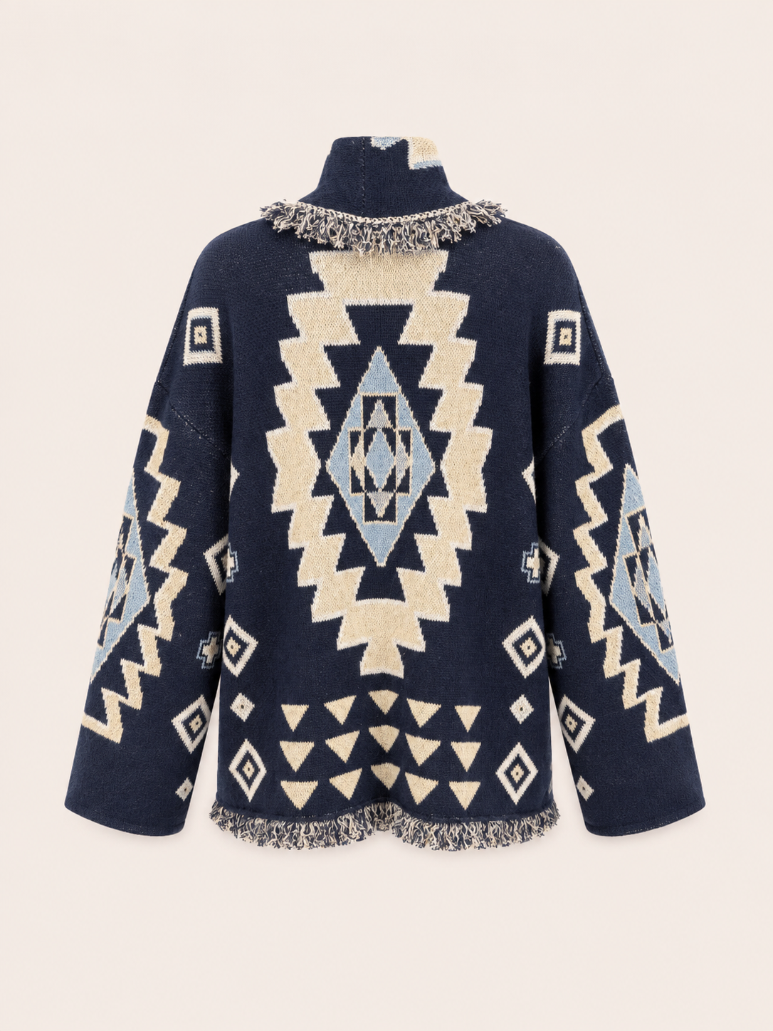 Navy Geometric Jacquard Fringe Cardigan - Women's Oversized Knit Jacket
