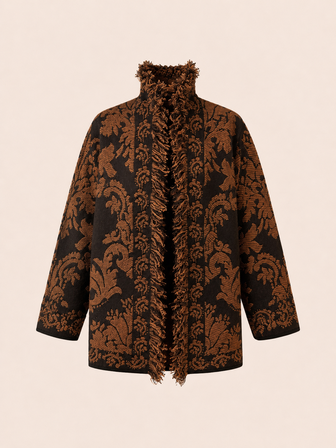 Women's Relaxed Fit Black & Brown Baroque Jacquard Fringe Jacket