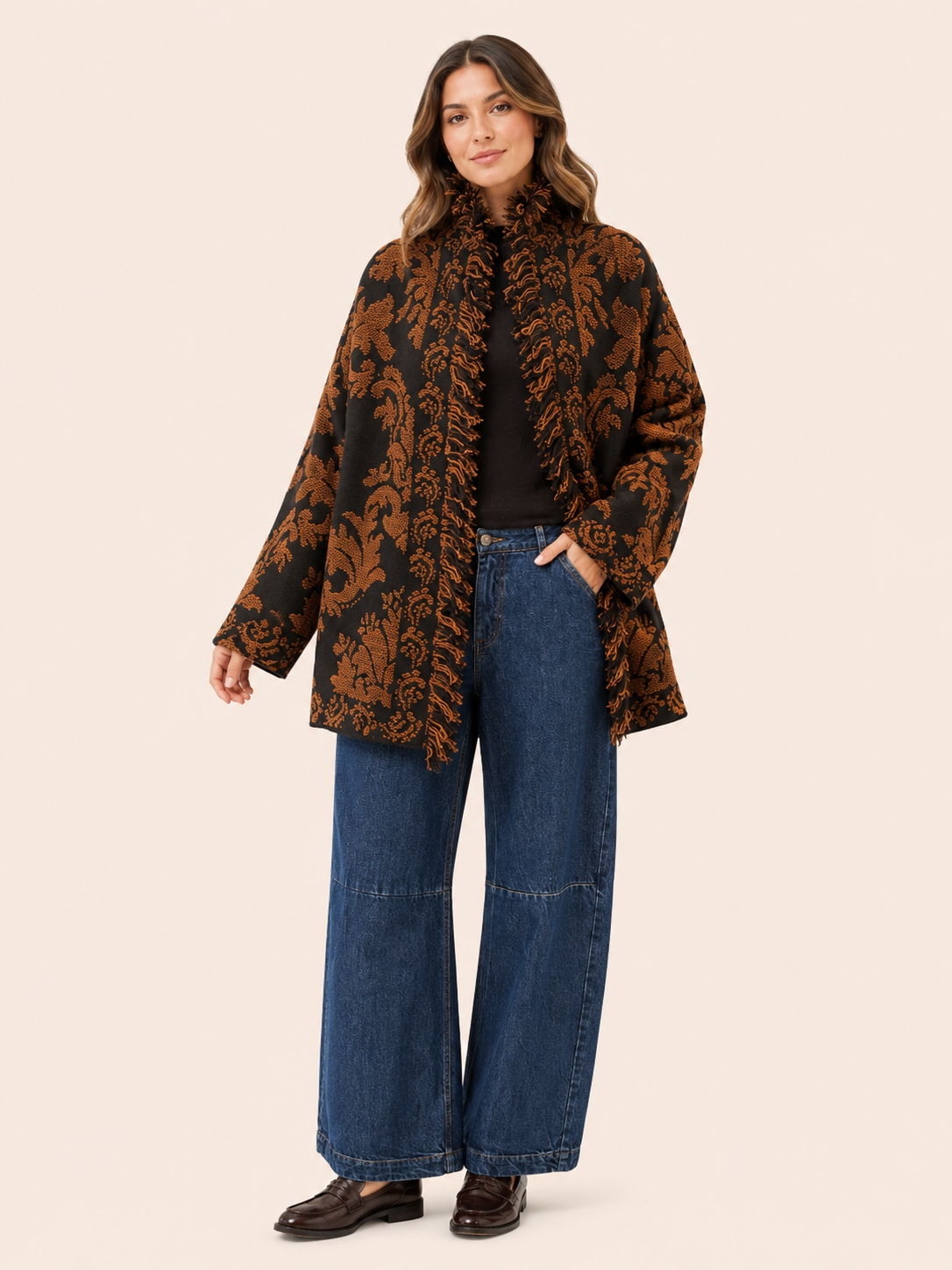 Women's Relaxed Fit Black & Brown Baroque Jacquard Fringe Jacket