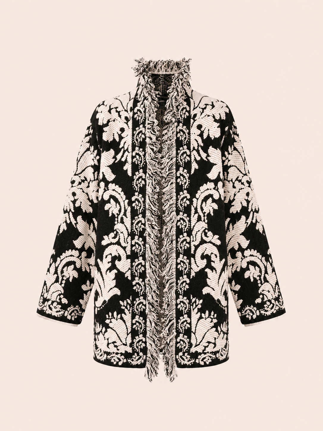 Women's Relaxed Fit Brown & Cream Baroque Jacquard Fringe Jacket