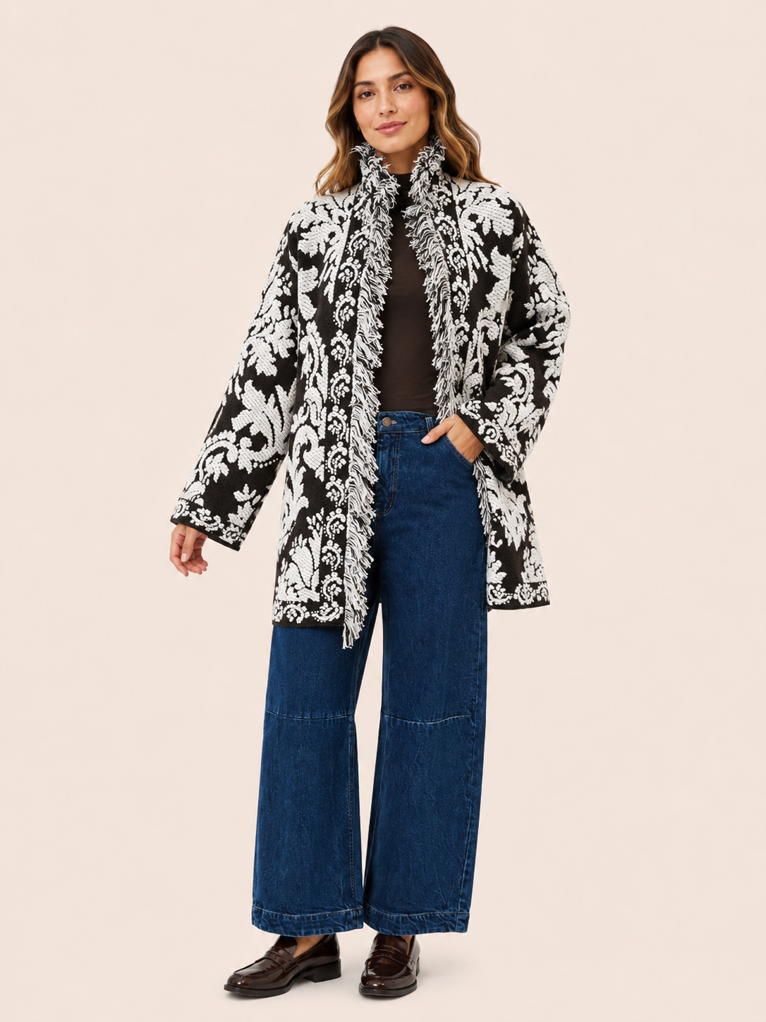 Women's Relaxed Fit Brown & Cream Baroque Jacquard Fringe Jacket