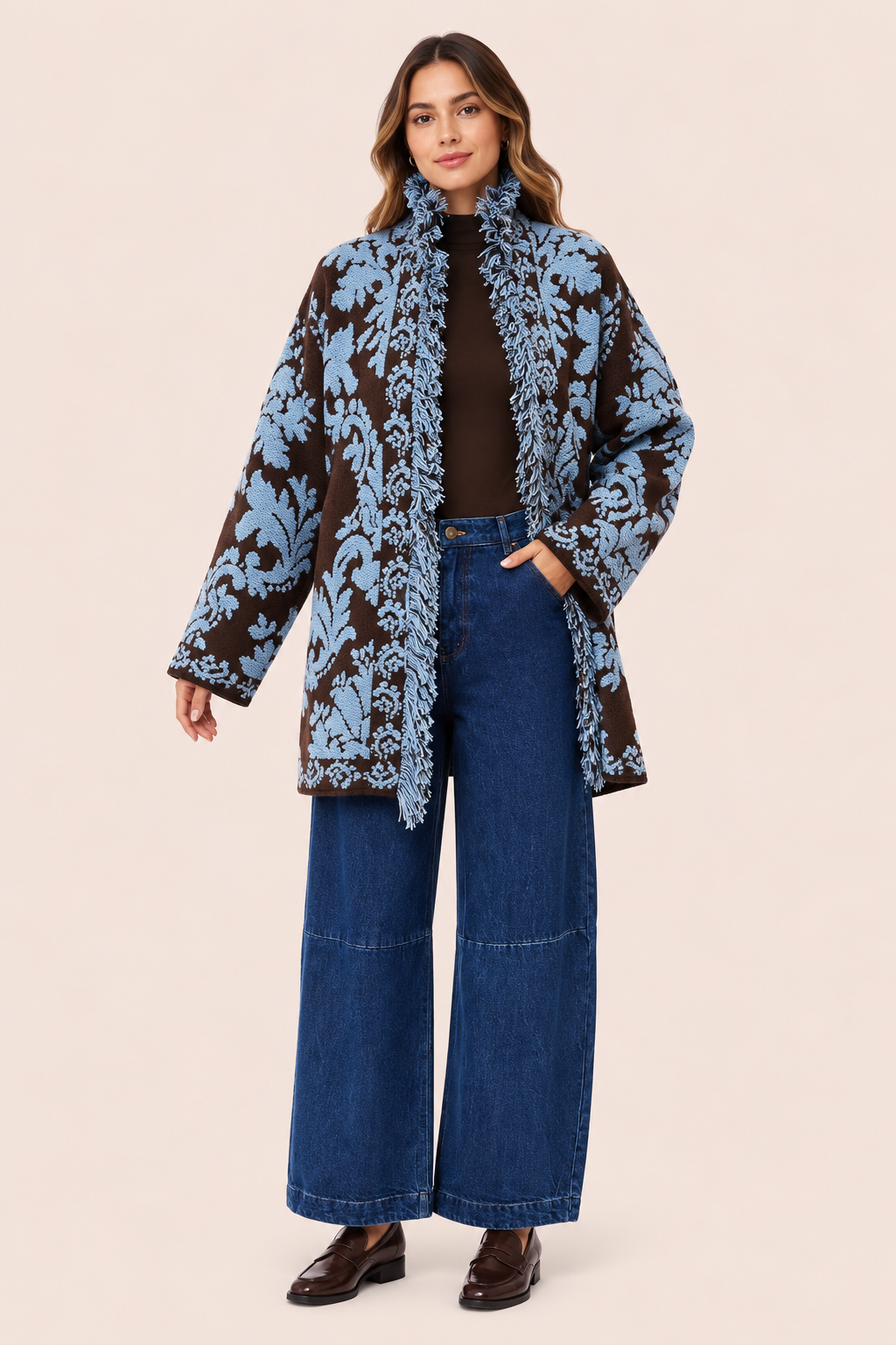 Women's Relaxed Fit Brown & Blue Baroque Jacquard Fringe Jacket