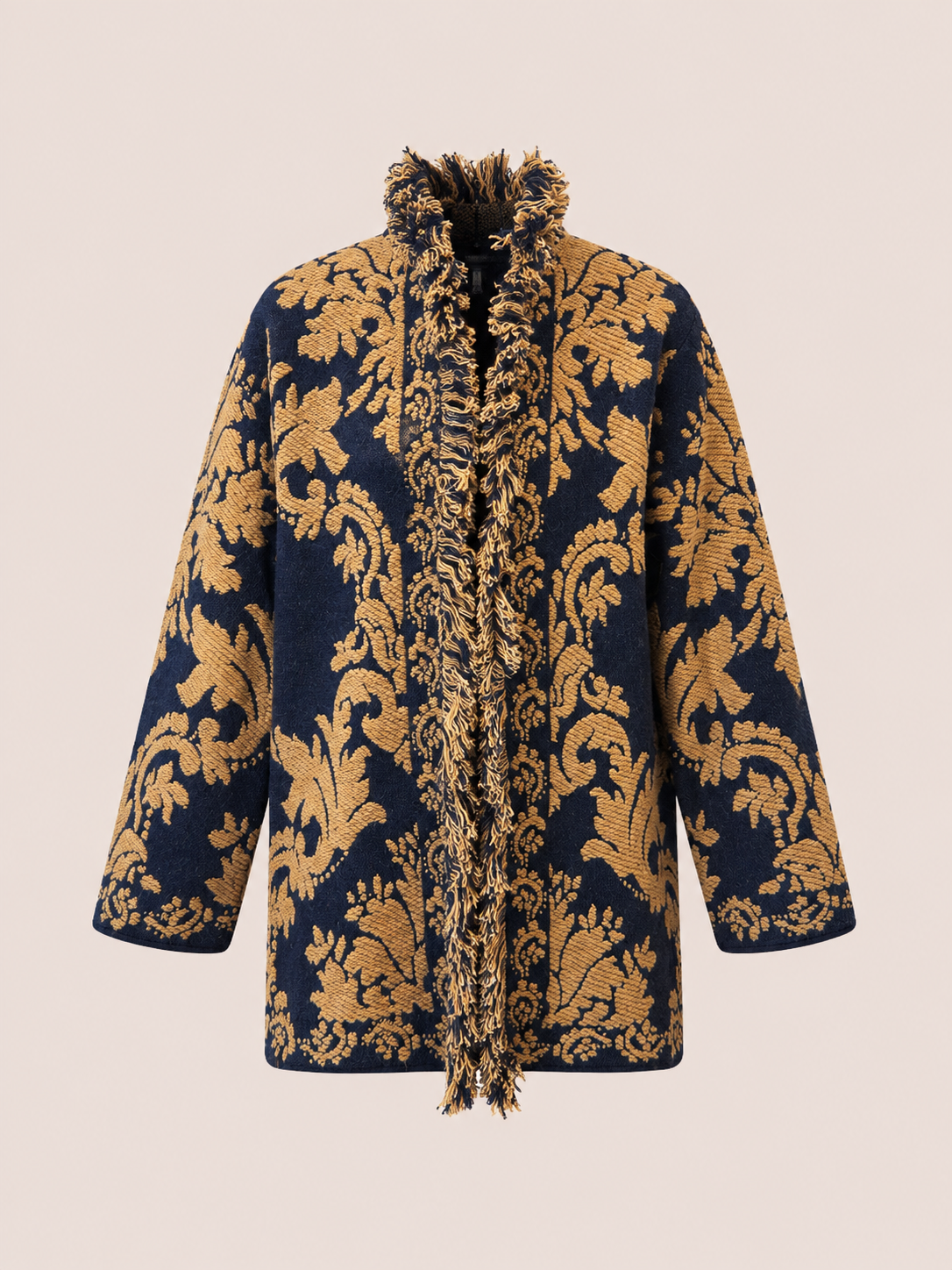 Women's Relaxed Fit Navy & Camel Baroque Jacquard Fringe Jacket