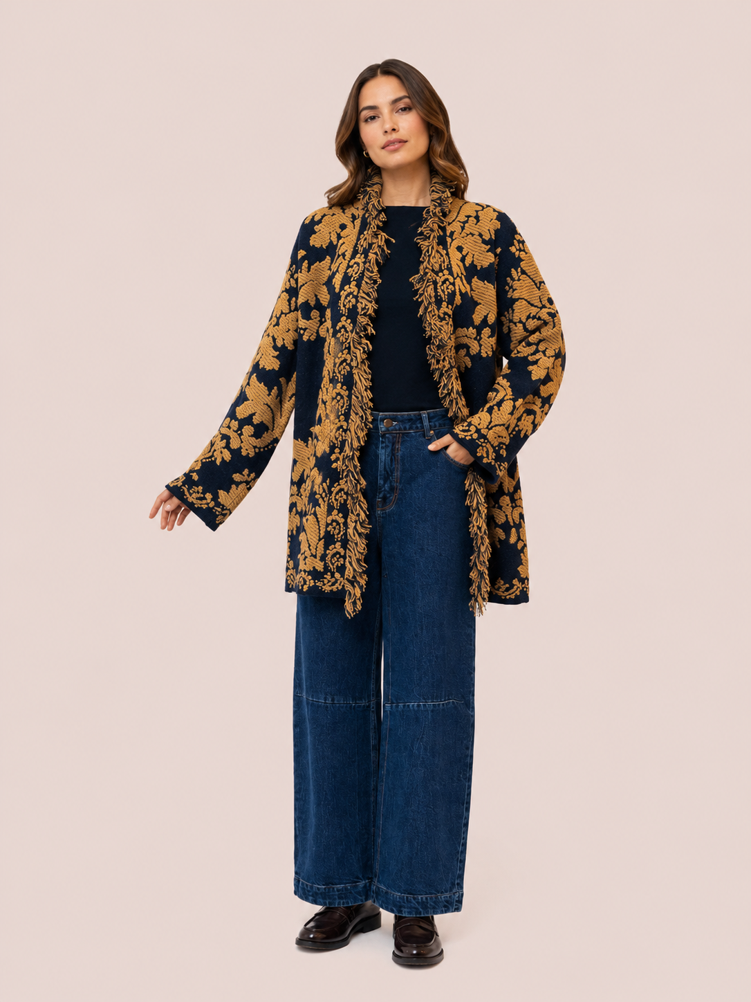 Women's Relaxed Fit Navy & Camel Baroque Jacquard Fringe Jacket