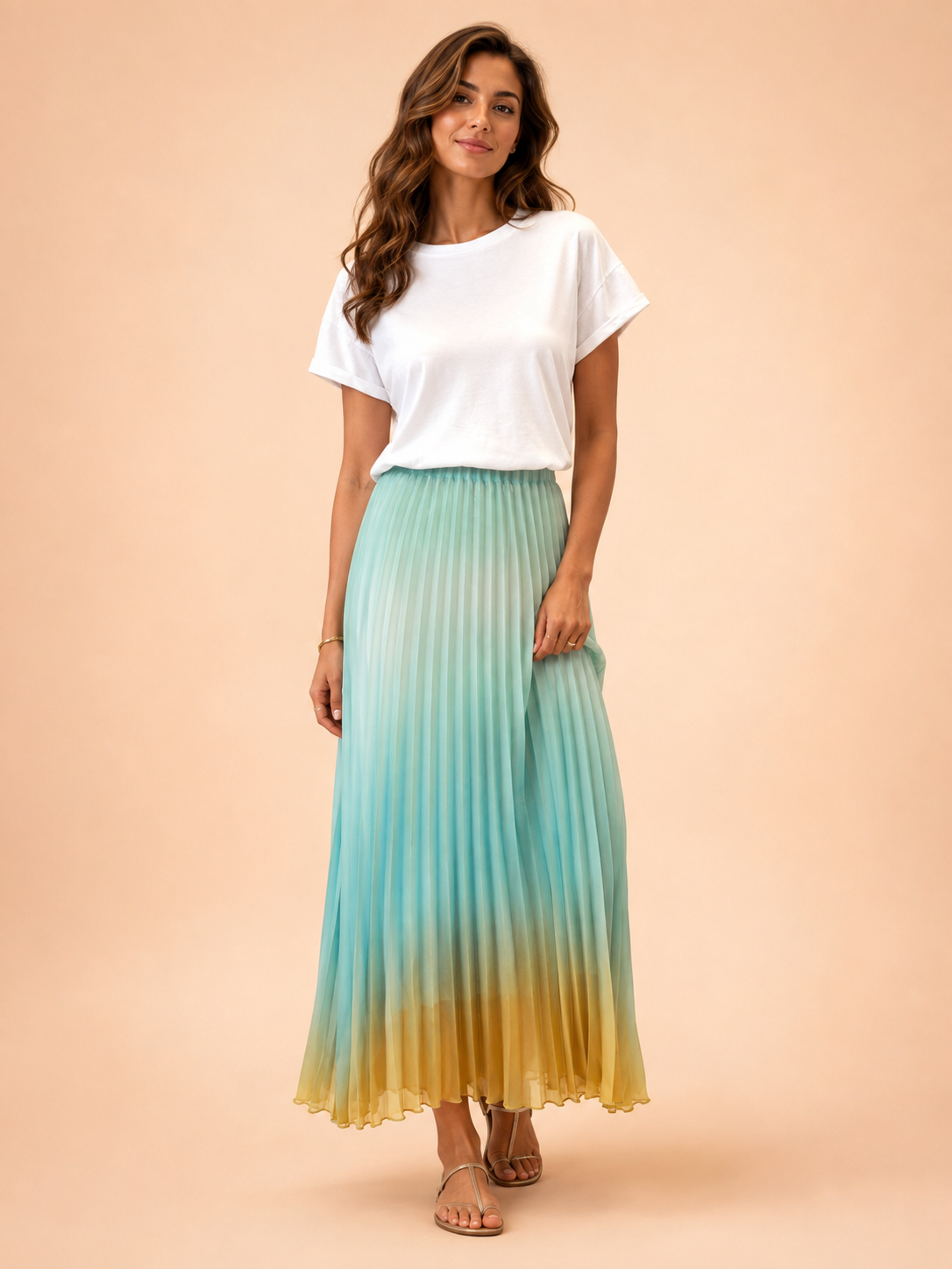 Women's Mint Green Ombre Pleated Maxi Skirt - Elegant Gradient Chiffon Skirt