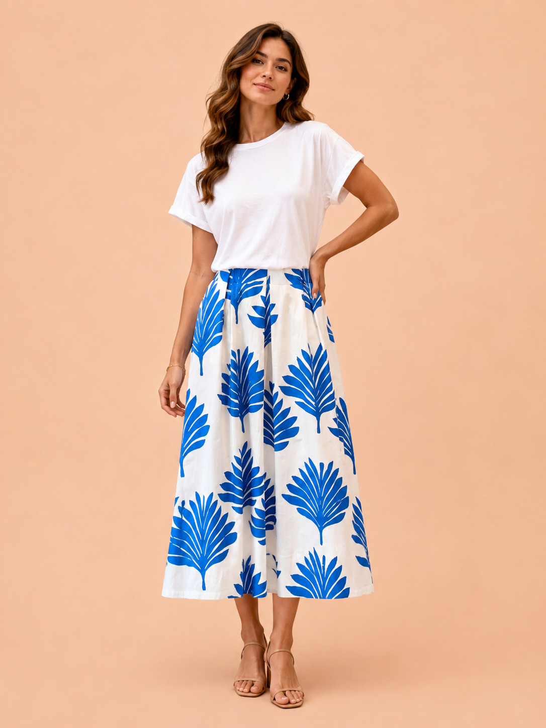 Blue Palm Print Maxi Skirt - White A-Line Skirt