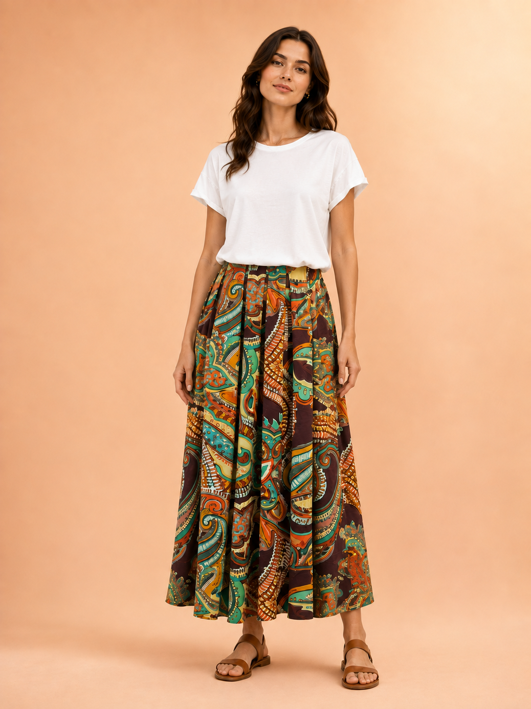 Tropical Print Pleated Maxi Skirt - Women's A-Line Cotton Skirt