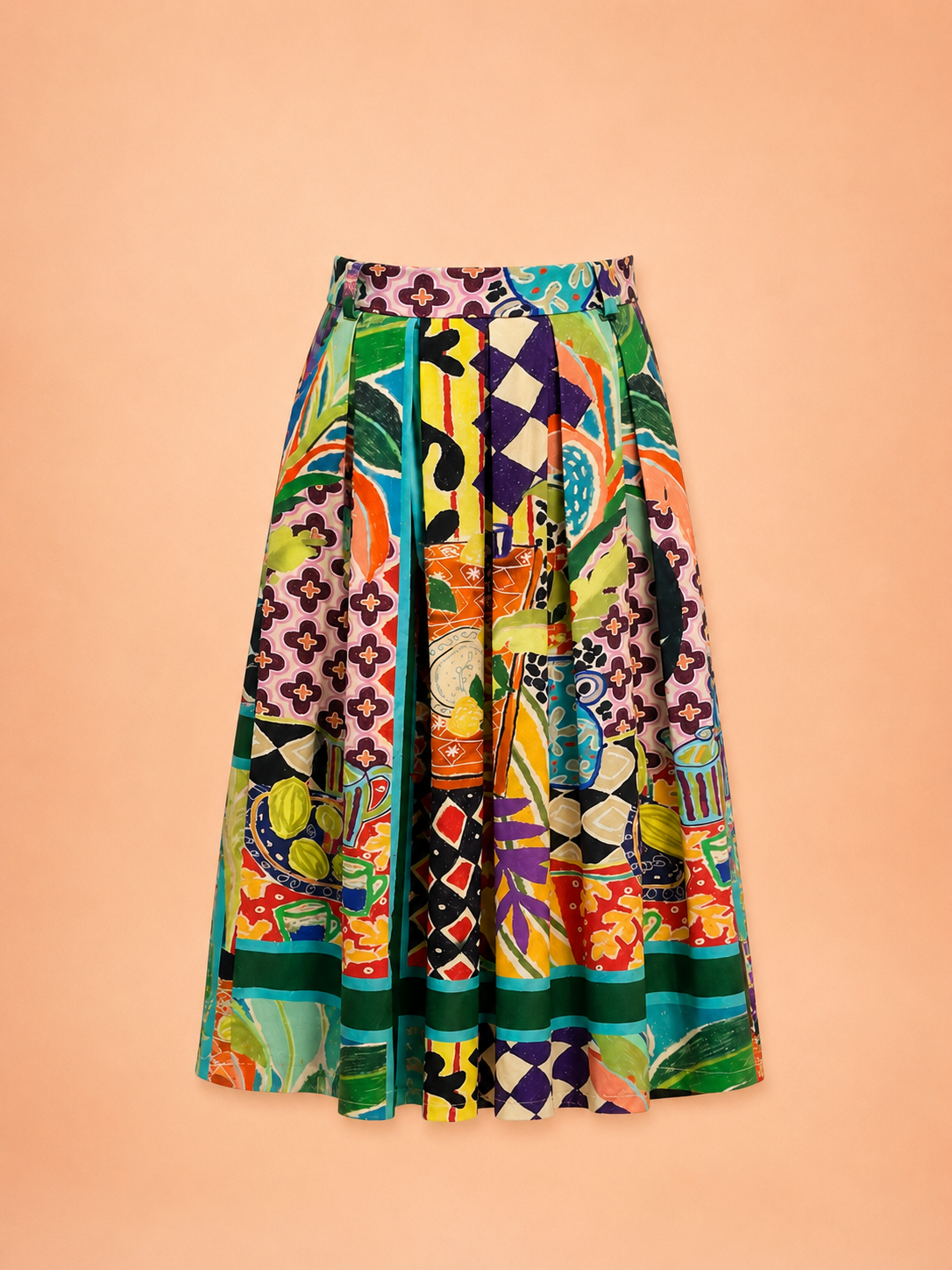 Italian Colourful Mediterranean Print Pleated Maxi Skirt