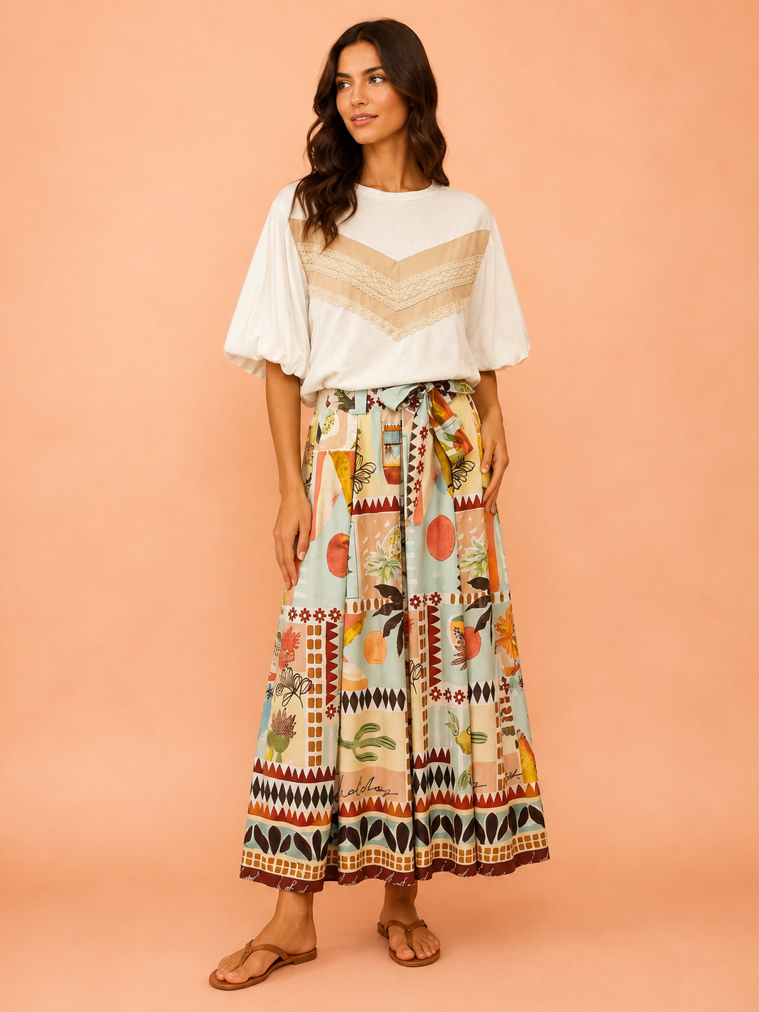 Italian Abstract Fruit Print Belted Pleated Maxi Skirt