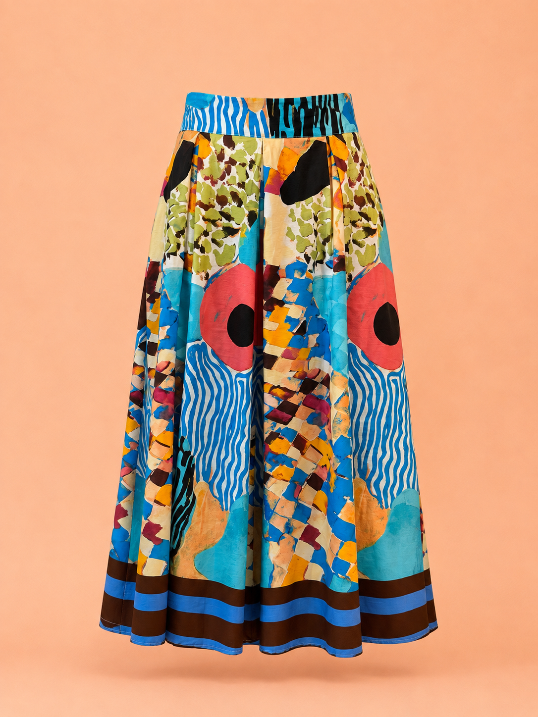 Italian Abstract Blue Print Pleated Maxi Skirt