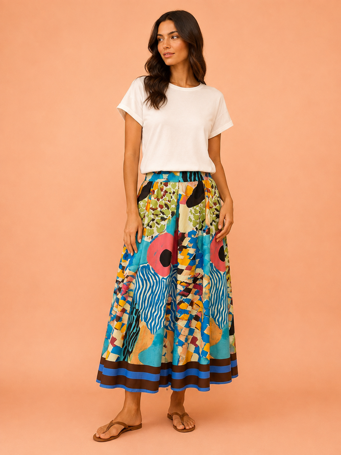 Italian Abstract Blue Print Pleated Maxi Skirt