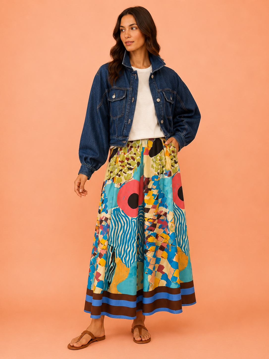 Italian Abstract Blue Print Pleated Maxi Skirt