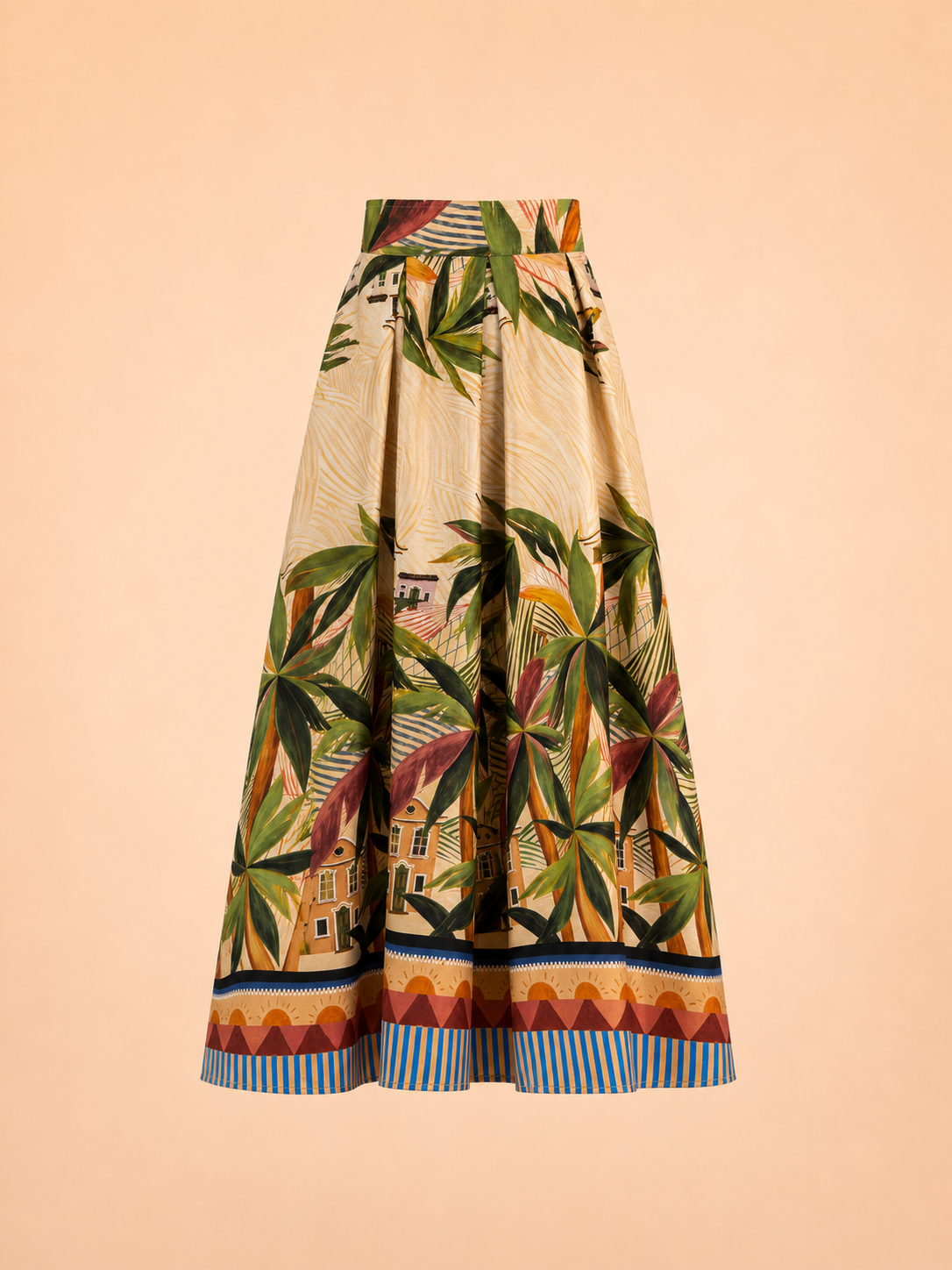 Tropical Paradise Print Pleated A-Line Maxi Skirt