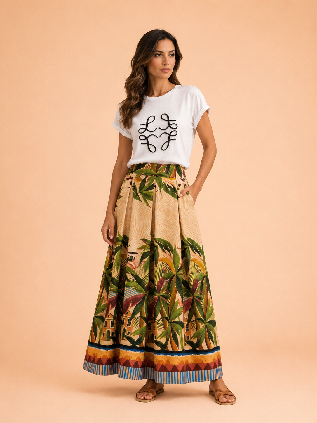 Tropical Paradise Print Pleated A-Line Maxi Skirt