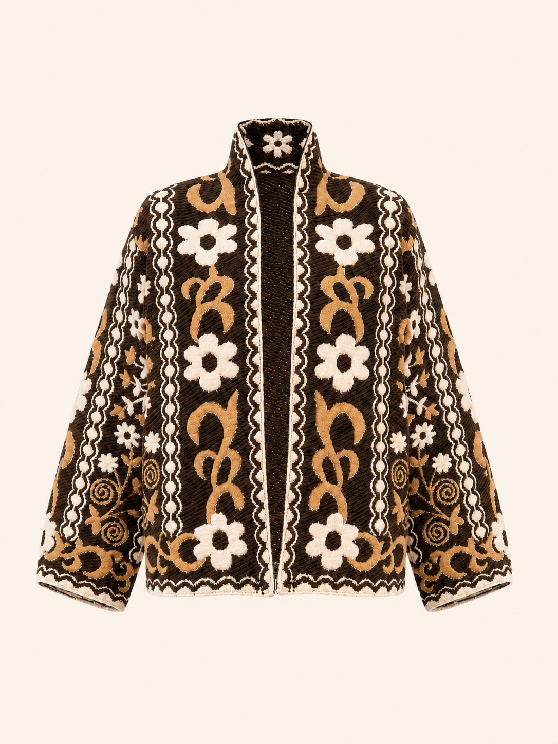 Women's Relaxed Fit Jacquard Floral Knit Cardigan - Chocolate Brown & Camel