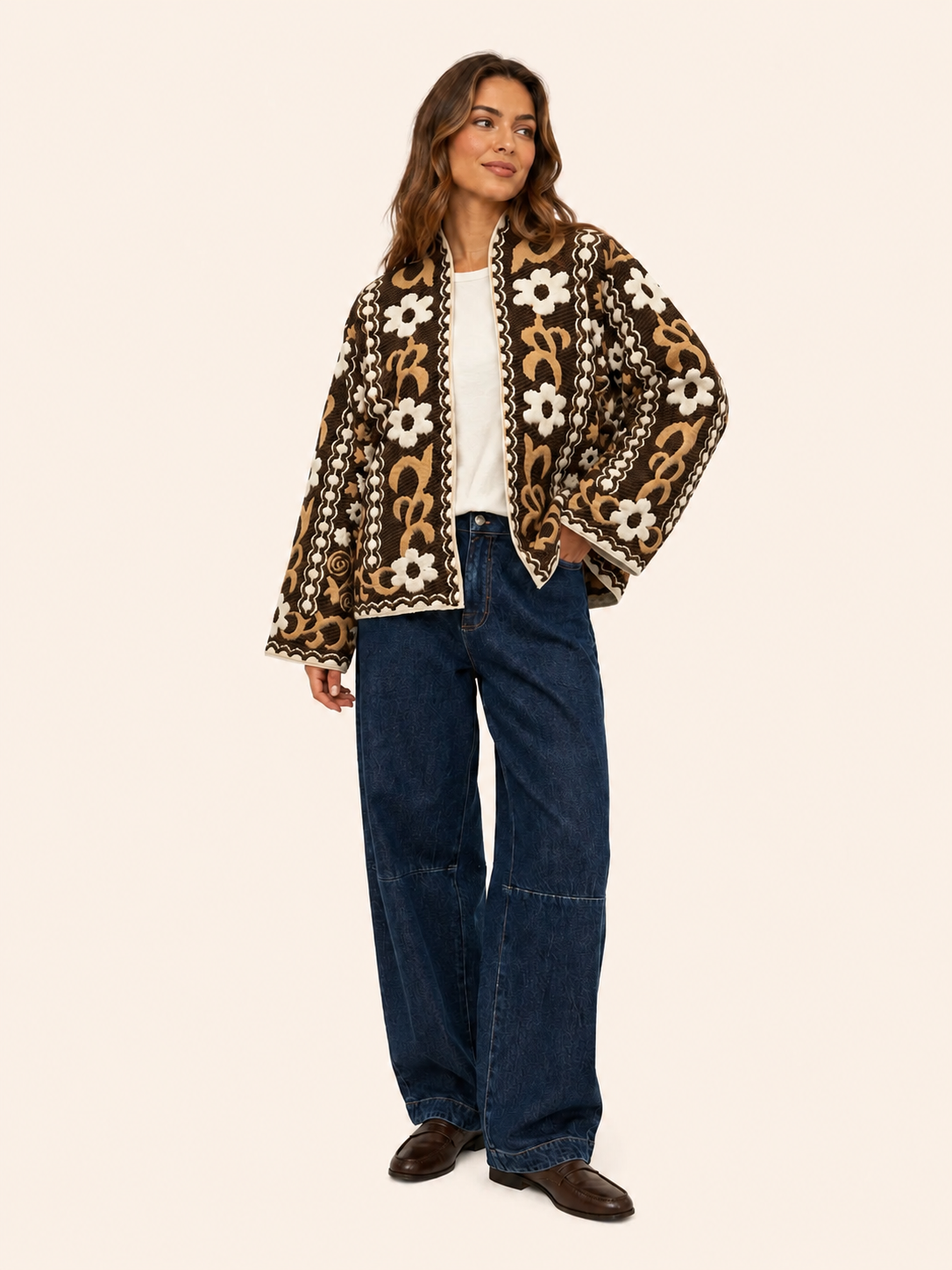 Women's Relaxed Fit Jacquard Floral Knit Cardigan - Chocolate Brown & Camel