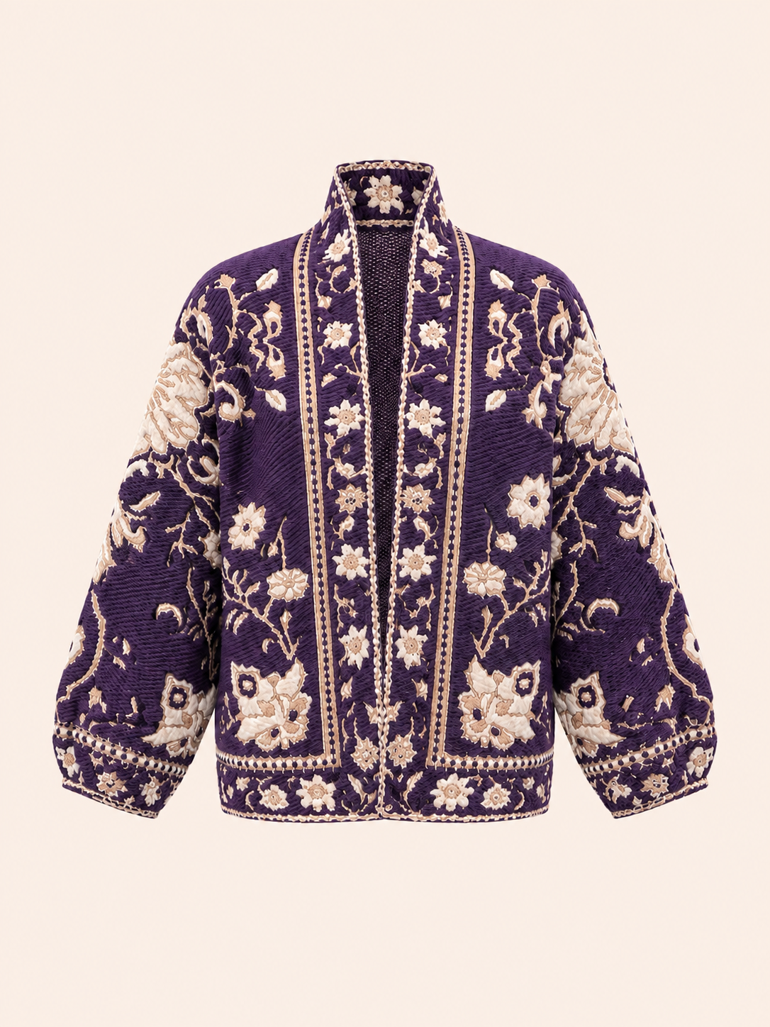 Women's Relaxed Fit Purple Floral Embroidered Cardigan Jacket