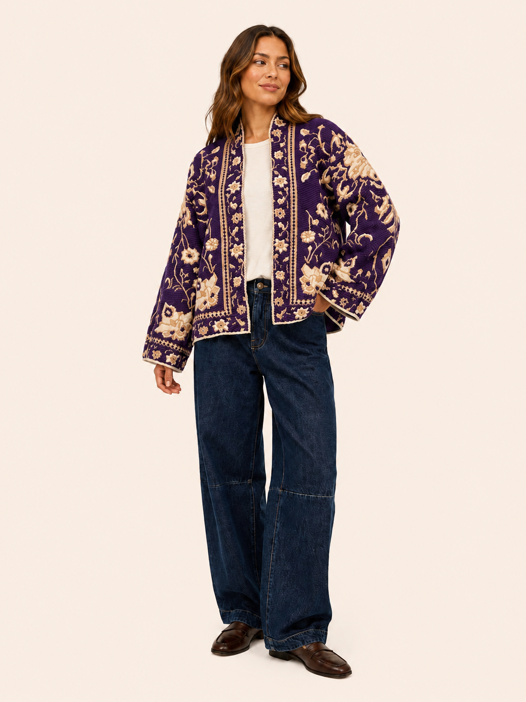 Women's Relaxed Fit Purple Floral Embroidered Cardigan Jacket