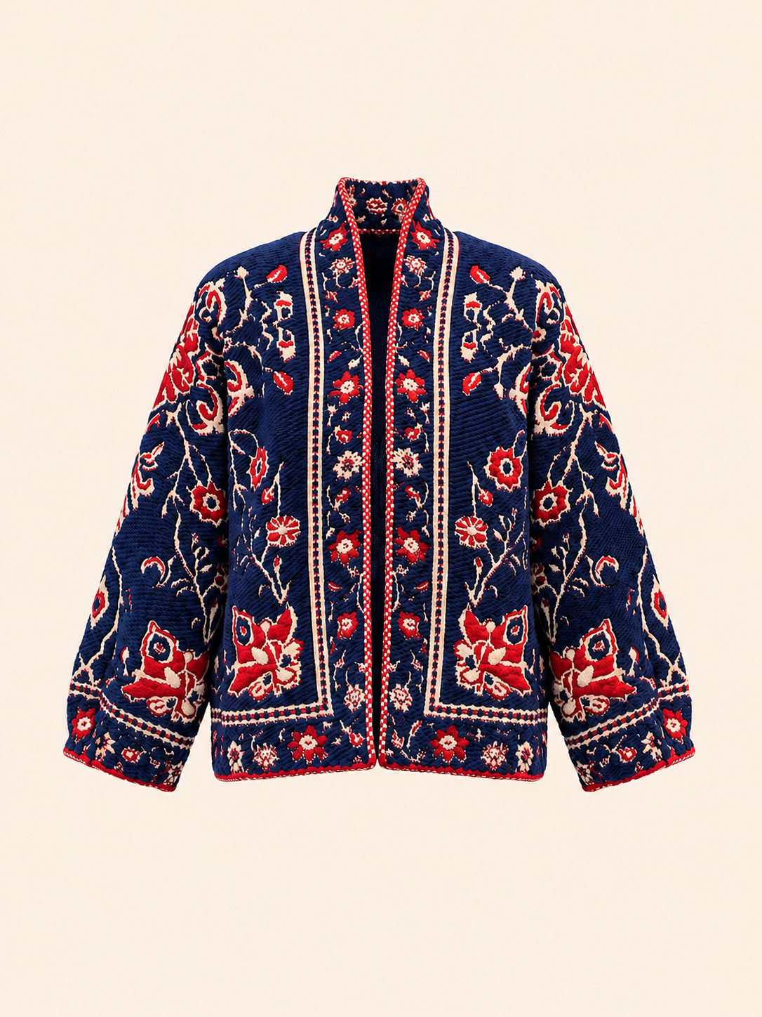 Women's Relaxed Fit Navy Blue Floral Embroidered Cardigan Jacket