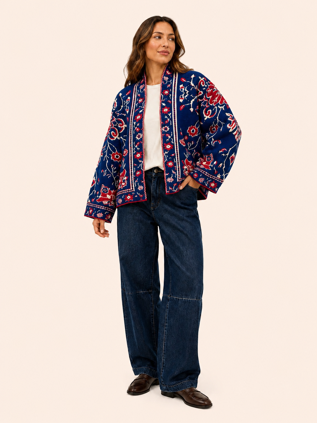 Women's Relaxed Fit Navy Blue Floral Embroidered Cardigan Jacket